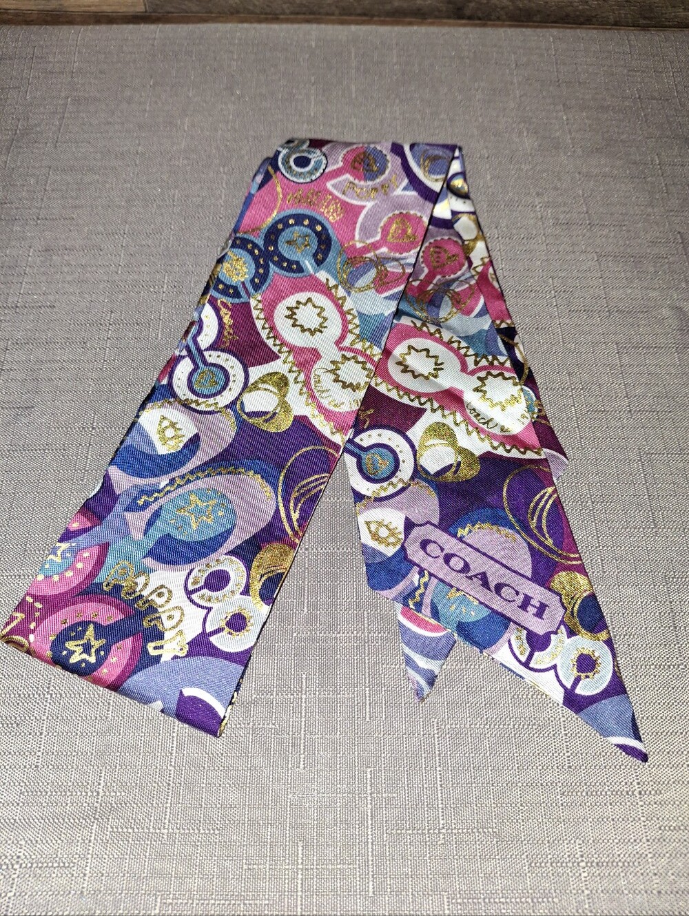 Coach Poppy Silk Twilly Scarf in Purple, Pink & Gold Motif
